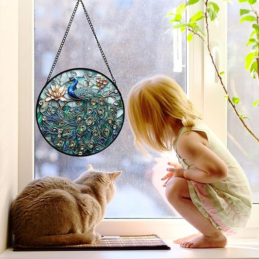 Stained Glass Window Hanging, Blue Peacock Decoration Suncatcher for Door Garden Home Flower Bird Sun Catchers Christmas Mother's Day Birthday Gifts for Women Men Mom Nana Friend 9.8 in
