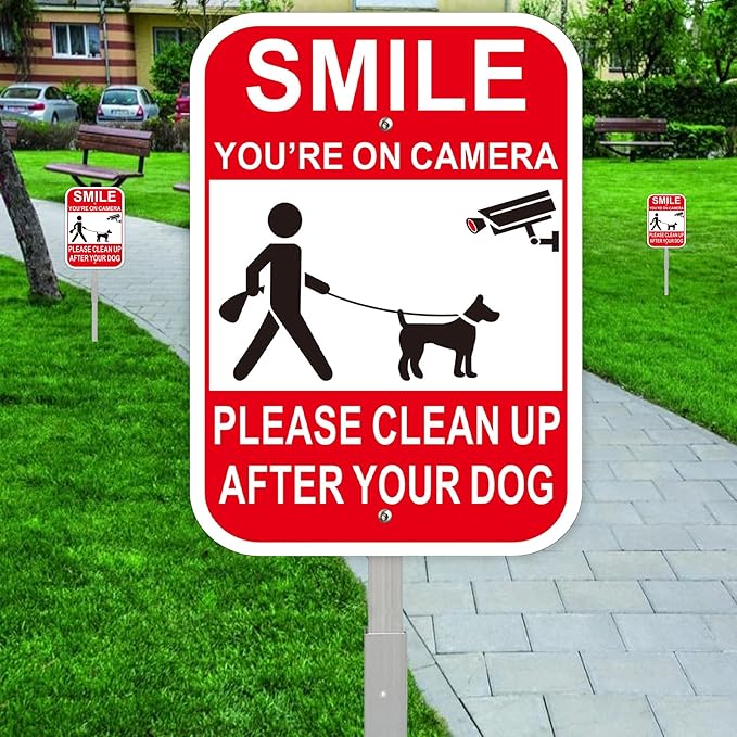 2Pack Clean UP After Your Dog Signs with 28-inch Metal Stake, 12x8 Inches, Smile You're on Camera, No Pooping Signs for Yard Aluminum