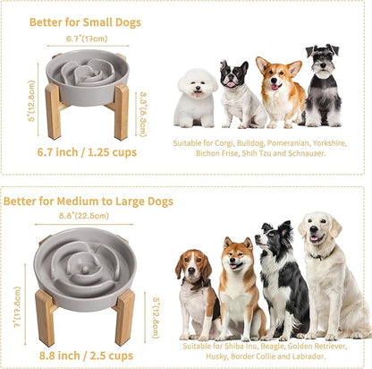 Elevated Slow Feeder Dog Bowl - Ceramic Maze Food Dish with Bamboo Stand - Raised Feeding Bowl for Fast Eaters - Ideal for Small and Medium Dogs - Grey - 6.7 inch