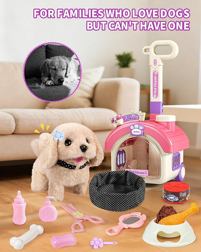 23Pcs Dog Toys for Kids Girls, Walking Barking Interactive Realistic Stuffed Dog with Portable Puppy Stroller & Accessories Toys, Pretend Puppy Pet Care Playset Gifts for Little Girls 3 4 5 6 Year Old