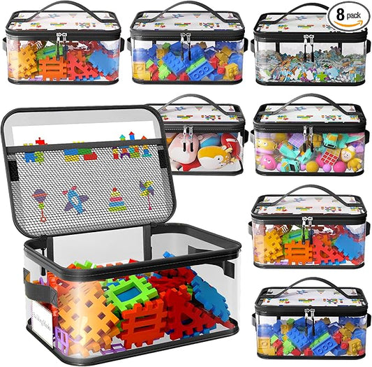 8 Packs Large Toy Storage Bags with Labels, Reusable Clear PVC Board Game Storage, Travel Waterproof Toy Organizer Bags with Name Tag and Manual Pocket for Building Blocks, Puzzle, Kids Books