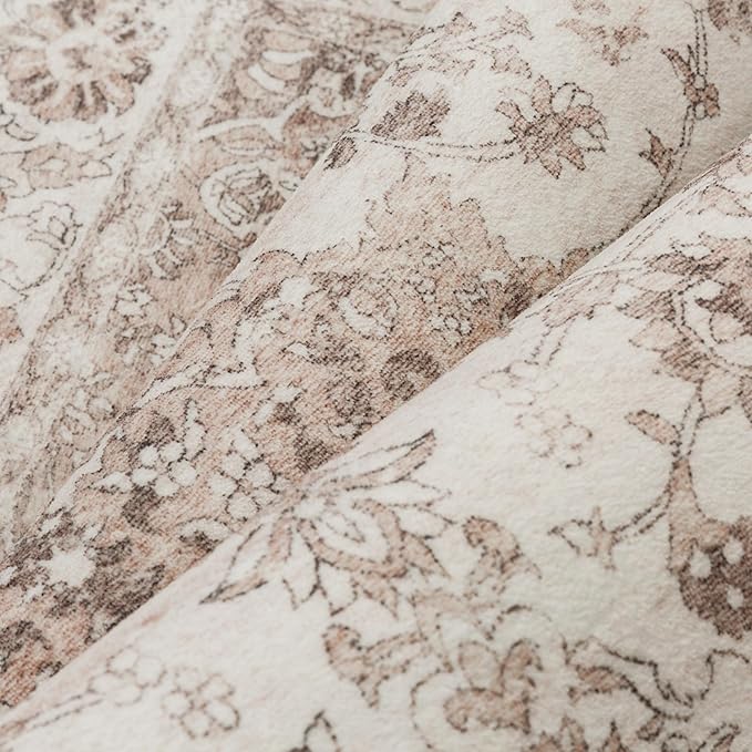 Washable Runner Rug 2x6 for Hallway Brown Vintage Long Carpet Soft Low Pile Non Slip Throw Rug Floral Distressed Accent Rug for Entryway Bathroom Office Laundry Dining Room