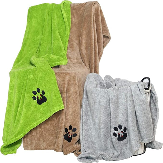 Extra Large Dog Towel - Pack of 3 - Super Absorbent Soft Microfiber Pet Bath Grooming Towels for Drying Dogs and Other Pets (XL-55" * 36", Green and Brown and Gray)
