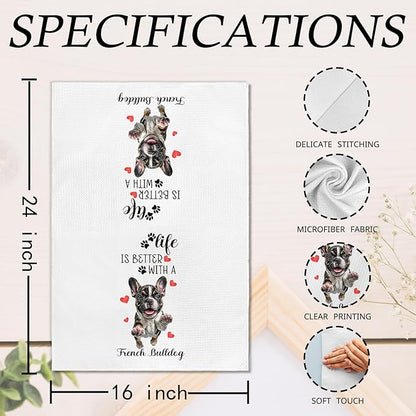 French Bulldog Gifts Kitchen Towels Set of 2, Funny Dog Hand Towels for Bathroom Decor, French Bulldog Gifts for Women DogLovers, Frenchie Dog Gift Dishcloths Dish Towel forKitchen 16X24 Inches