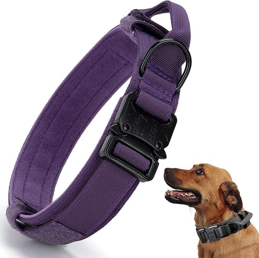 Tactical Dog Collar, Adjustable Military Training Nylon Dog Collar with Control Handle and Heavy Quick-Release Metal Buckle for Small Medium Large Dogs, Purple XL