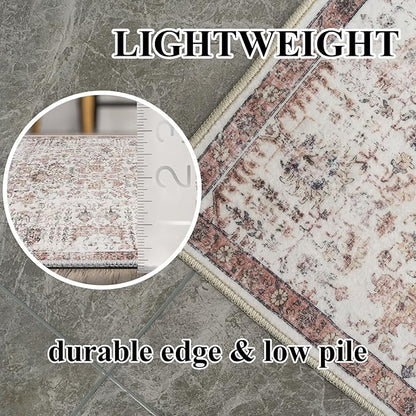 Hallway Washable Runner Rug - 2'6x12 Kitchen Rugs Entryway Rug Runner Non Slip Indoor Farmhouse Carpet for Living Room Bedroom Bathroom Vintage Floor Decoration Mat (2'6''x12', Dusty Rose)
