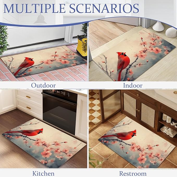 Red Cardinal Bird Front Door Mat,Anti-Slip Spring Pink Peach Flower Entrance Indoor Rug Mat,Low Profile Door Mat Entrance,Doormats for Home Kitchen Bedroom Porch, Hallways 30 x 17 Inch