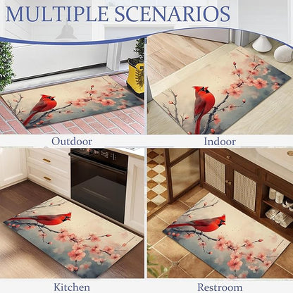 Red Cardinal Bird Front Door Mat,Anti-Slip Spring Pink Peach Flower Entrance Indoor Rug Mat,Low Profile Door Mat Entrance,Doormats for Home Kitchen Bedroom Porch, Hallways 30 x 17 Inch