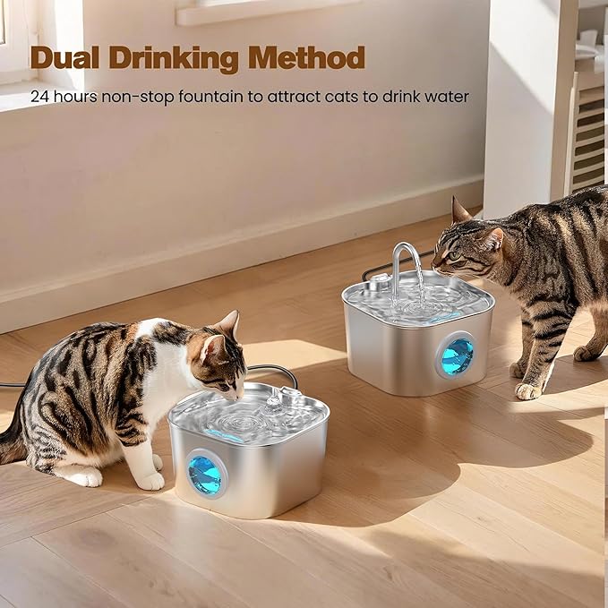 Cat Water Fountain Stainless Steel: Pet Fountains with 10 Filters + 10 Sponges 2.2L Cats Automatic Waterer Bowls for Drinking Small Dog Water Dispenser Indoor HOOISE Metal Kitty Watering Silent