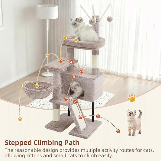 Gitelsnour Cat Tree for Indoor Cats, Cat Tower with Scratching Post for Small Cats and Kittens, Cat House with Removable Top Platform and Fluffy Balls, Hanging Cat Basket, Mushroom GCT006SMU