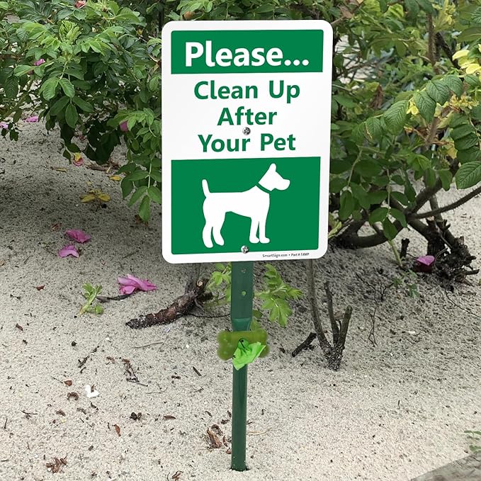 SmartSign Please Clean Up After Your Pet Yard Sign & Clip-On Dispenser Combo/Kit, 7"x10" Rust-proof Aluminum Sign with 18-inch Steel Stake, Compact Dispenser Preloaded with a 15 Dog Poop Bags Roll