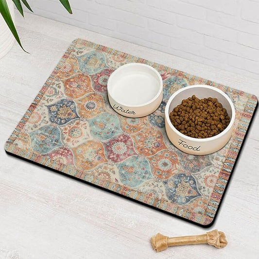 Moroccan Trellis Dog Food & Water Mat, Mexican Talavera Boho Colorful Pet Feeding Mat for Floor Non-Slip Waterproof, Super Absorbent Cat Bowl Mat, Easy to Clean Durable Pet Placemat,16" × 24"