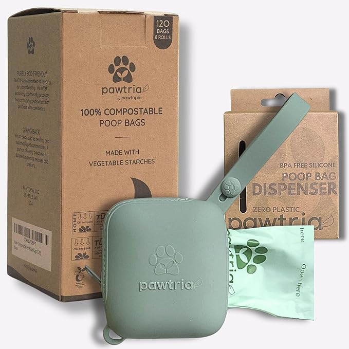 Pawtria Walk Duo Set: Certified Home Compostable Dog Poop Bags (120) + Premium Silicone Dog Poop Bag Dispenser (3.25"H X 2.75"L), BPA-Free, Leak-Proof, Light, Durable, Supports Rescue Dogs