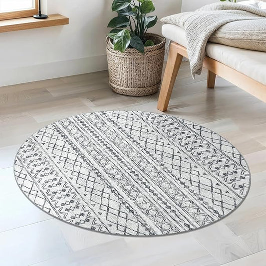 KUTA Washable Circle Rug 3Ft Grey Moroccan Washable Round Area Rugs Boho Foyer Kitchen Carpet, Non-Slip Soft Distressed Geometric Entryway Mat Low-Pile Throw for Hallway Bedroom Nursery Dorm