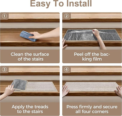 Non Slip Microfiber Stair Treads for Wooden Steps, 15PCS 8"x30" Indoor Safety Carpet, 3D Cut & Loop Tufted Edging Mats with TPE Adhesive Backing, Pet & Elderly Friendly Stair Rugs (Beige Border)