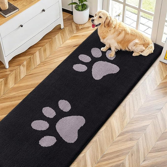 Smiry Dog Door Mat for Muddy Paws, Absorbs Moisture and Dirt, Low-Profile Entryway Mat with Non-Slip Backing, Entry Indoor Outdoor Doormat for Inside Floor (70x24 Inches, Black and Grey, Paw)