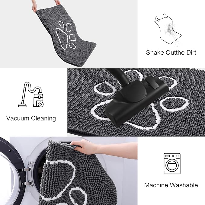 Smiry 2 Piece Dog Door Mat for Muddy Paws, Absorbent Dirt Trapper Non Slip Quick Dry Washable Chenille Mat for Mud Dogs, Entry Rug for Indoor and Outdoor (30x20 Inches, Dark Grey)