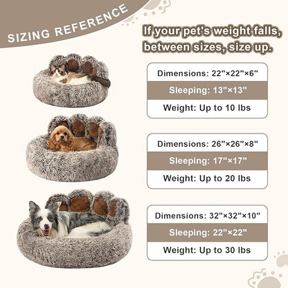 Jiupety Paw Shape Calming Pet Bed, Plush Faux Fur Donut Bed for Dogs & Cats, Machine Washable, Non-Slip Bottom, Medium (22"×22"×6"), Gray