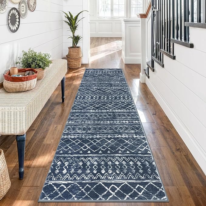 KUTA Moroccan Washable Runner Rug, 2x7 Non-Slip Vintage Navy Blue Boho Hallway Kitchen Rugs Ultra Soft Distressed Geometric Floor Carpet Runners for Bedroom Laundry Living Room