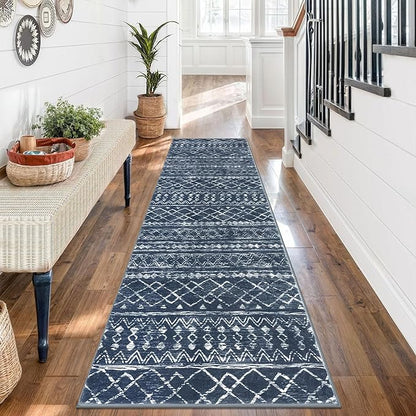 KUTA Moroccan Washable Runner Rug, 2x7 Non-Slip Vintage Navy Blue Boho Hallway Kitchen Rugs Ultra Soft Distressed Geometric Floor Carpet Runners for Bedroom Laundry Living Room