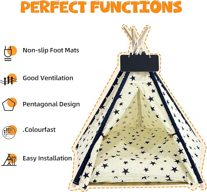 Pet Tent/Tipi for Cats & Dogs - Washable Canvas, Foldable Pet Teepee with Anti-Slip Base & Detachable Cushion | Indoor/Outdoor Safe Shelter for Pets-Beige-L
