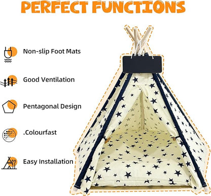 Pet Tent/Tipi for Cats & Dogs - Washable Canvas, Foldable Pet Teepee with Anti-Slip Base & Detachable Cushion | Indoor/Outdoor Safe Shelter for Pets-Beige-L