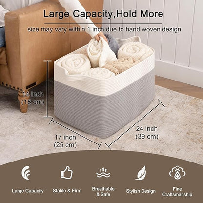 OIAHOMY Extra Large Blanket Basket, 95L Woven Storage Basket, Cotton Rope Toy Bin for Baby Room, Container for Storage in Living Room, 24''×17''×14'', Grey & White