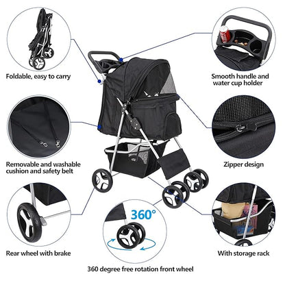 LEMY 4 Wheels Pet Dog Cat Stroller for Small Medium Dogs Cats,Black Foldable Jogger Travel Puppy with Detachable Carrier
