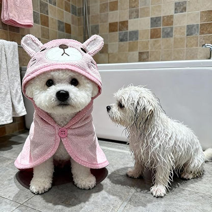 Dog Hooded Bathrobe Towel, Fast Drying Bath Towel Absorbent Warm Blanket Pink L