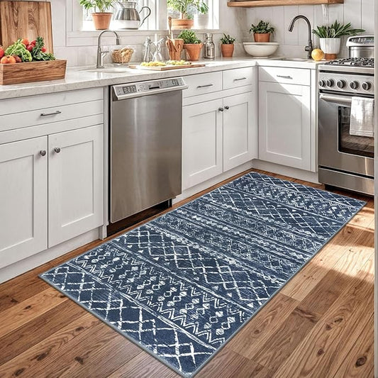 KUTA 3x5 Boho Area Rug for Living Room, Moroccan Washable Kitchen Rugs Non Slip, Navy Blue Ultra Soft Print Distressed Geometric Low-Pile Entry Throw Carpet for Bedroom Nursery Dorm Decor