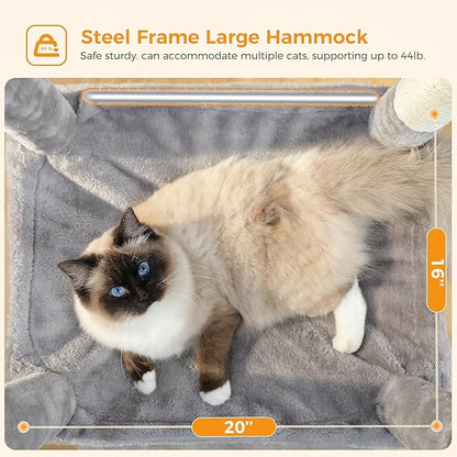 MUTTROS Cat Tree for Large Cats Adult with Metal Plush Big Hammock, 56.3" Cat Tower with 2 Door Condo House, 6-Tier Cat Shelves with Scratching Posts and Large Top Perch, Gray