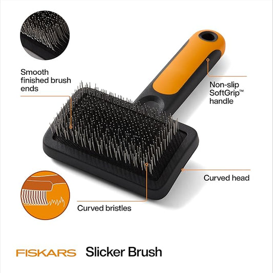 Fiskars Pet, Cat and Dog Brush, Fine Bristles & SoftGrip Handle for Gentle Grooming and Deshedding, Cat and Dog Supplies, Orange/Black