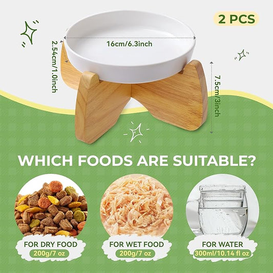 Raised Cat Bowls, 6.3'' Wide Shallow Elevated Cat Food Bowls, Ceramic Anti Vomit Tilted Pet Feeder with Stand, Anti Whisker Fatigue Neck Protective Feeding Dish for Kittens & Seniors (2 Pack)