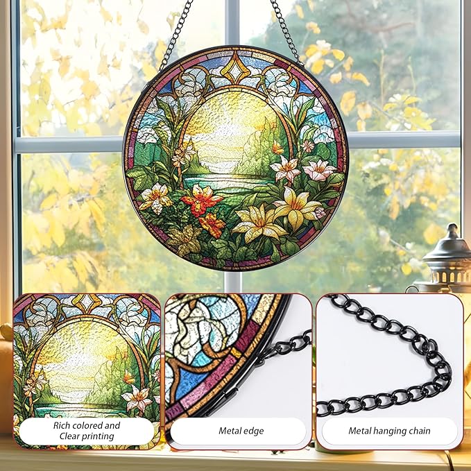 Wildflowers Stained Glass Window Hanging Decor, 7.8″ Floral Sun Catchers Stain Glass Window Hanging with Hook Indoor, Suncatcher Home Garden Art Gift for Thanksgiving Christmas Housewarming