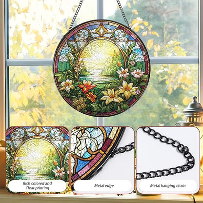 Wildflowers Stained Glass Window Hanging Decor, 7.8″ Floral Sun Catchers Stain Glass Window Hanging with Hook Indoor, Suncatcher Home Garden Art Gift for Thanksgiving Christmas Housewarming