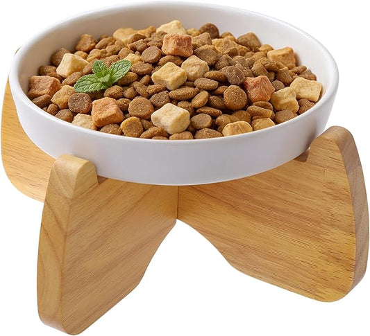 Raised Cat Bowl, 6.3'' Wide Shallow Elevated Cat Food Bowl, Ceramic Anti Vomit Tilted Pet Feeder with Stand, Anti Whisker Fatigue Neck Protective Feeding Dish for Kittens & Seniors (1 Pack)