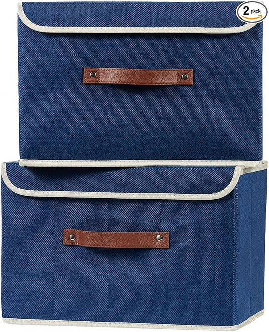 2PCS Storage Boxes with Lid Cotton Linen Fabric Storage Bins Organizer Container Decorative Collapsible Washable Shelf Closet Baskets Faux Leather Handles Home Bedroom (Deep Blue, Large)