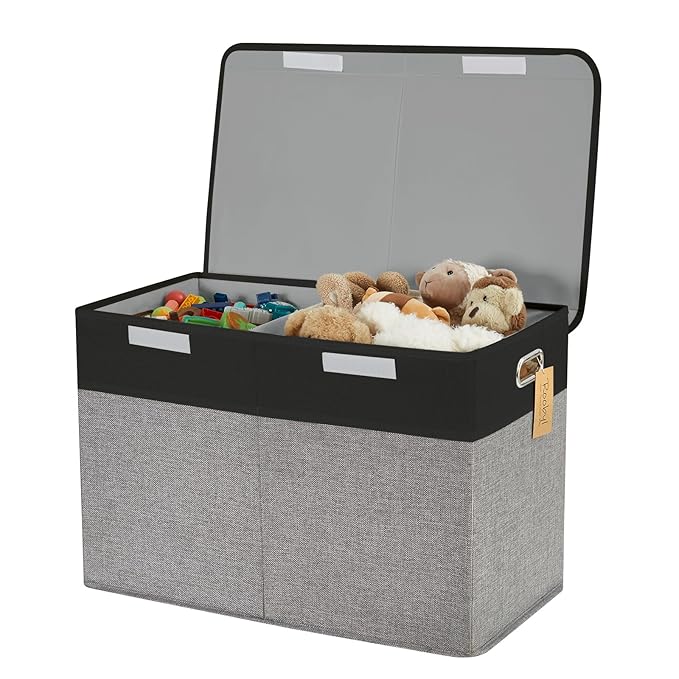 Large Toy Storage Box with Lid, Collapsible Toys Storage Organizer Bins with Dividers and Handles, Storage Chest Bin for Kids, Boys, Girls, Nursery 25"x13" x16" (Balck & Gray)