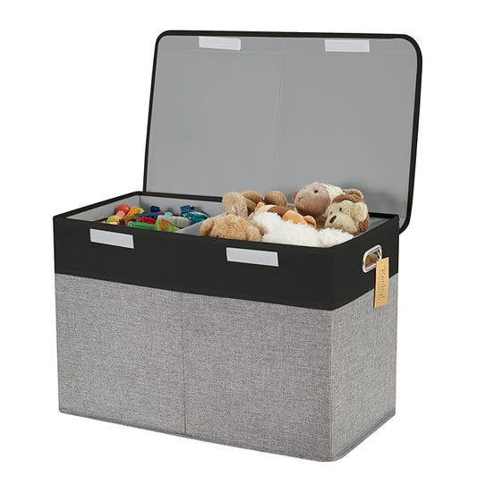 Large Toy Storage Box with Lid, Collapsible Toys Storage Organizer Bins with Dividers and Handles, Storage Chest Bin for Kids, Boys, Girls, Nursery 25"x13" x16" (Balck & Gray)