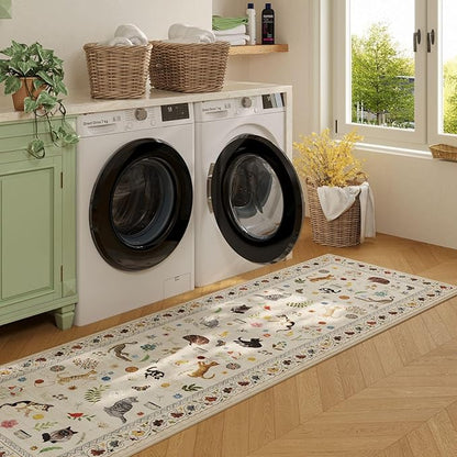 Rugcomf 2'7"x12' Kitchen Runner - Floral Cat Washable Long Hallway Runner Rug Non Slip, Boho Carpet for Entryway, Hall, Bathroom - Beige