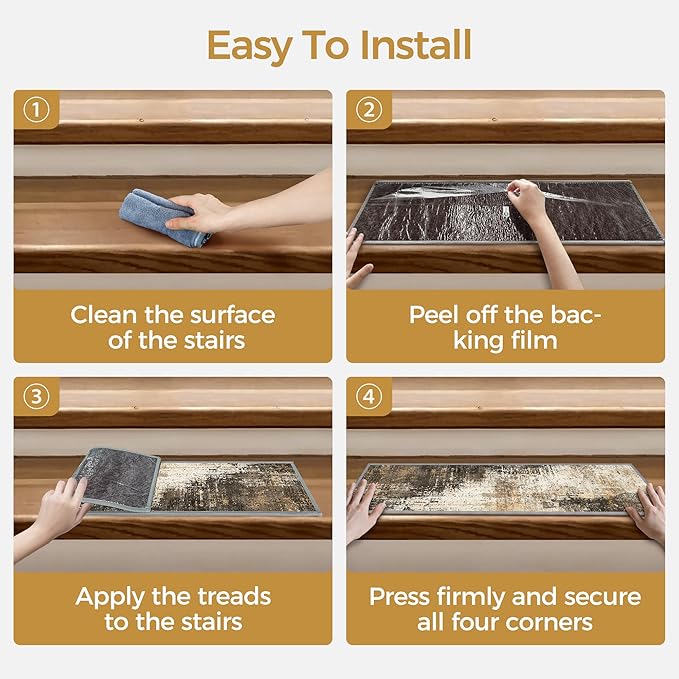Carpet Stair Treads Non Slip 15PCS, 8" X 30" Edging Stair Runner for Wooden Steps Indoor, Resistant Stair Rugs with Reusable TPE Adhesive Backing, Residue Mat for Elders, Pets, Chestnut/Smoke