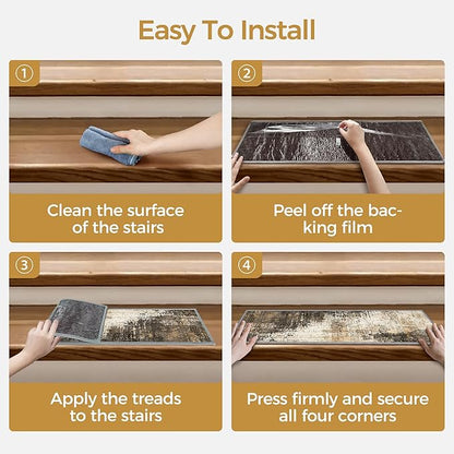 Carpet Stair Treads Non Slip 15PCS, 8" X 30" Edging Stair Runner for Wooden Steps Indoor, Resistant Stair Rugs with Reusable TPE Adhesive Backing, Residue Mat for Elders, Pets, Chestnut/Smoke