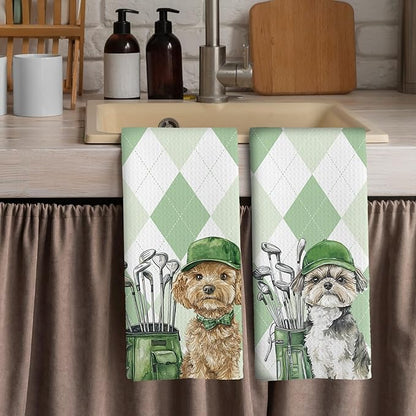 Golf Dog Kitchen Towels - Bichon Frise Shih Tzu Dish Towels, Sports Gifts, Pet Golf Club Decorative Absorbent Dishcloths Hand Towels Set of 2 for Spa Kitchen Gym Decor 16x24 Inches