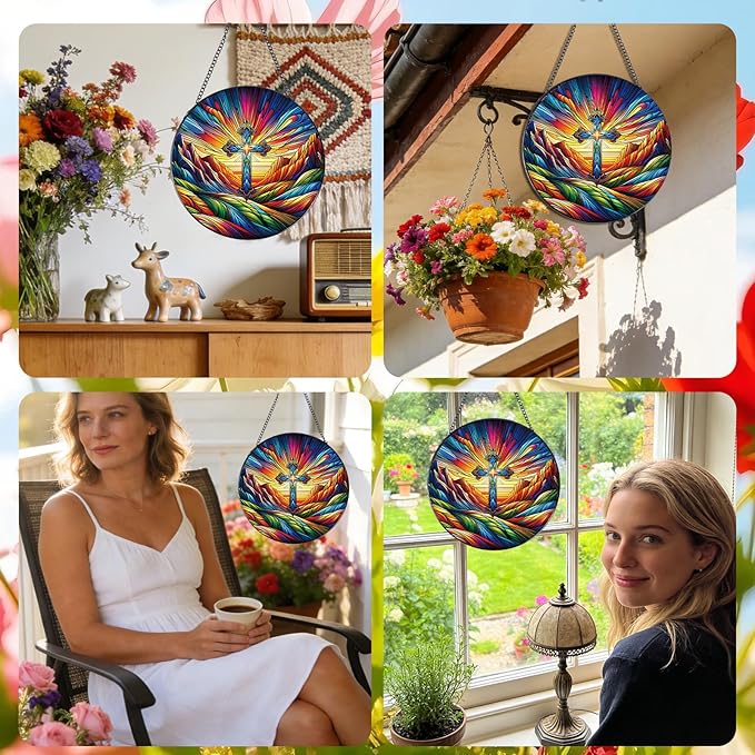 Stained Glass Window Hanging, 7.8″ Cross Sun Catchers with Hook Indoor Window Decor, Decorative Suncatchers Hanging Ornaments Home Garden Art Gift for Housewarming