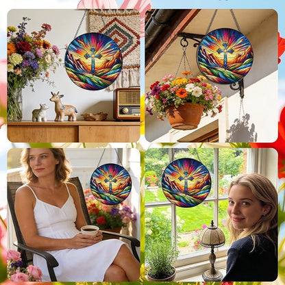 Stained Glass Window Hanging, 7.8″ Cross Sun Catchers with Hook Indoor Window Decor, Decorative Suncatchers Hanging Ornaments Home Garden Art Gift for Housewarming