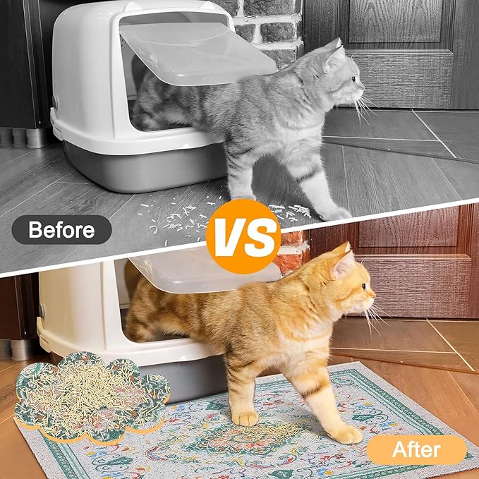 Glittme Cat Litter Mat with Non-Slip Bottom Litter Box Mat 24"X15" Litter Trapping Mat Easy to Clean Washable Cat Food Mat for Kitty,S