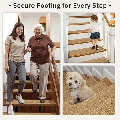 Non-Slip Stair Treads Runners - 1 Pack 30''x30'' Stair Runner for Wooden Steps Washable Self Adhesive Stair Landing Rug Stain Resistant Carpet Edging Staircase Mats for Kids and Pets Brown