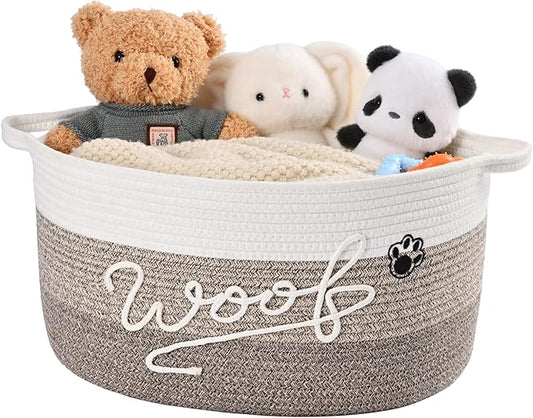 Woof Dog Toy Basket with Handles, Large Dog Toy Storage Bin with Paw Print, Woven Dog Basket for Blankets, Toys, Chews, Pet Toy Box for Nursery, Living Room, Bedroom, 17”x12”x9, Brown