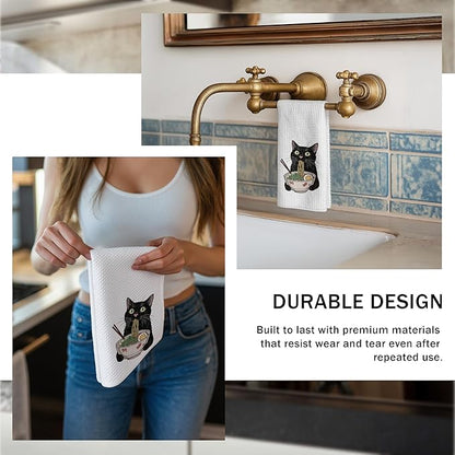 Funny Noodle Black Cat Kitchen Towels, Black Cat Mom Lady Gifts for Women Dish Tea Towels, Pet Lover Gifts Hand Towels for Kitchen, 16x24 Inch