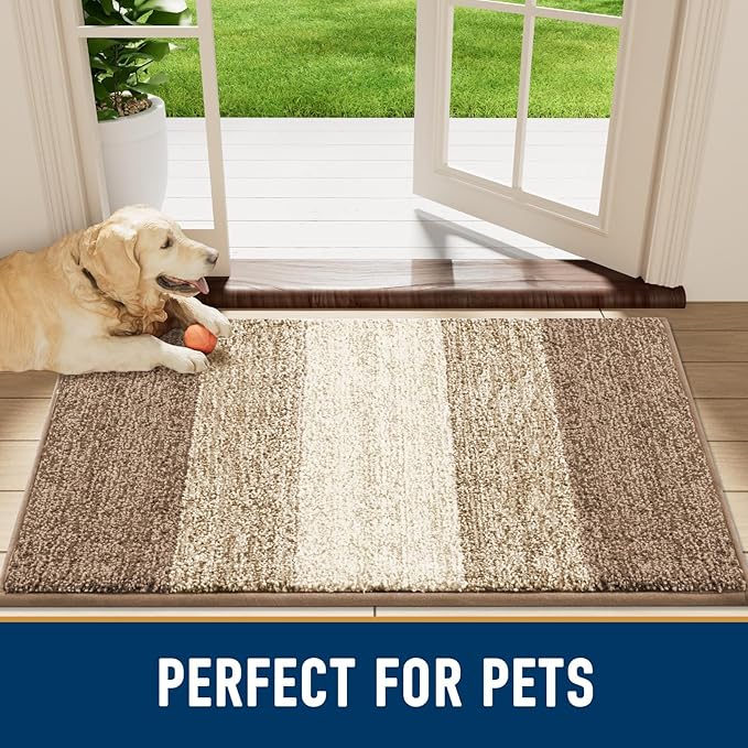 Smiry Dog Door Mat for Muddy Paws, Absorbs Moisture and Dirt, Low-Profile Entryway Mat with Non-Slip Backing, Entry Indoor Outdoor Doormat for Inside Floor (48x32 Inches, Khaki, Striped)